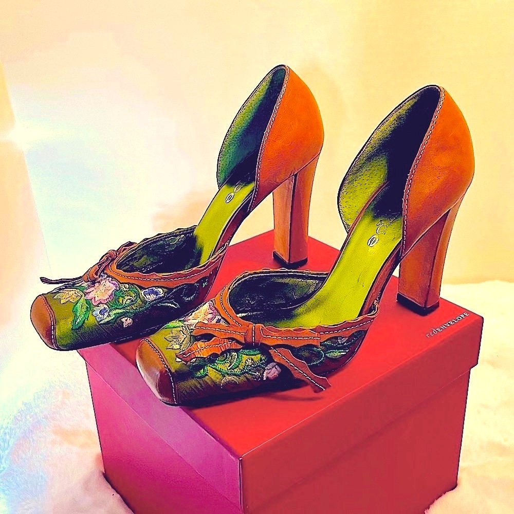 Lime Green Satin Brown Leather Hi Heels 5”  Lilac Floral Embroidery Sq.Toe 7 1/2 - Picture 14 of 14